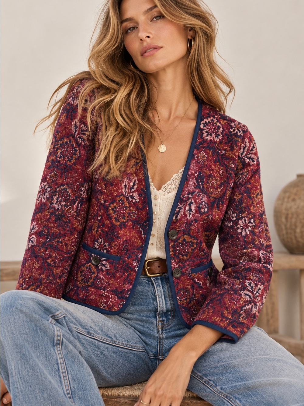 Talbots NWT Floral Jacquard Blazer Jacket Burgundy Navy Boho Bohemian L